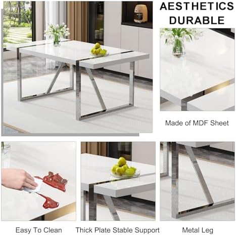 Ebullient White Dining Table Set for 8,Rectangular MDF Kitchen Table and Leat...