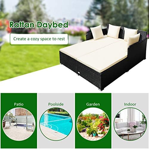 COSTWAY Outdoor Patio Rattan Daybed, Sponge Cushioned Loveseat Sofa
