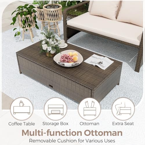 LDAILY Moccha Outdoor Daybed, PE Rattan Double Chaise Lounge w/ 4-Level Adjus...