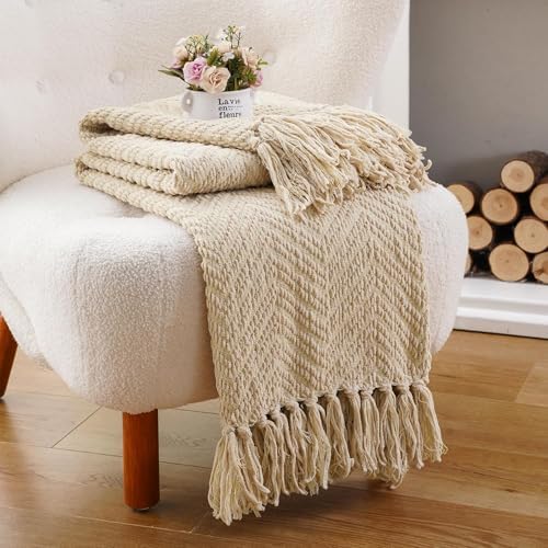 BATTILO HOME Beige Throw Blanket for Couch, Knitted Beige Throw for Bed, Neut...