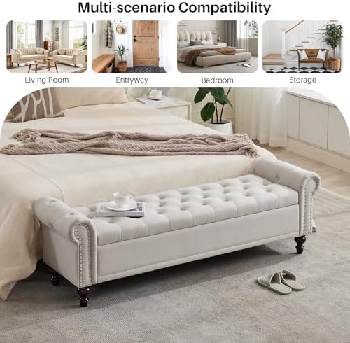 SOFTHION 67" Storage Bench for Bedroom, Linen Upholstered, Beige