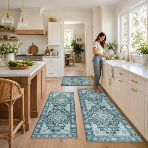 3-Piece Vintage Persian Rug Set - Washable Teal and Blue Area Rugs, Non-Slip ...