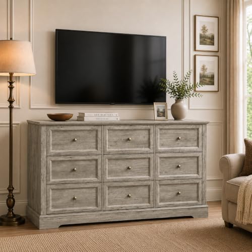 LOUVIXA Farmhouse Bedroom Sets of 3, Including 9 Drawer Dresser, Nightstand S...