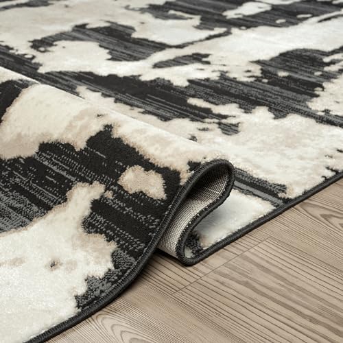 Abani Black and Cream Area Rug | 8' x 10' Tan and Beige Abstract Patt...