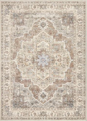 Washable Area Rug-9X12 Vintage Neutral Soft Beige Brown