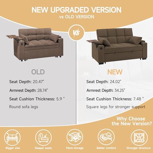 hansones 66" Multi-Functional Pull-Out Sofa Bed with Hidden Side Table, ...