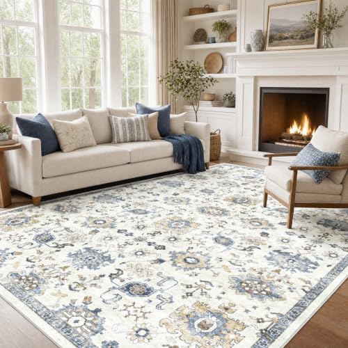 Amada Large 9x12 Washable Area Rug for Living Room, Blue/White, Vintage