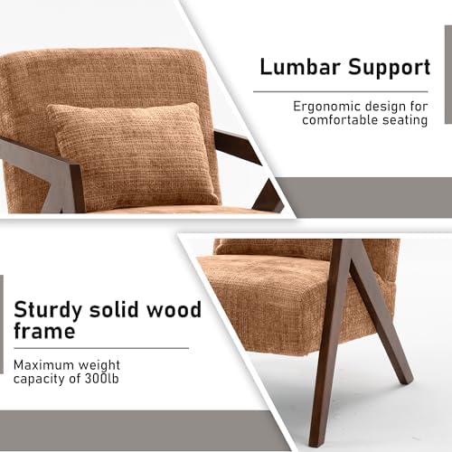 Mid-Century Modern Accent Chair with Solid Wood Frame,Upholstered Chenille Li...