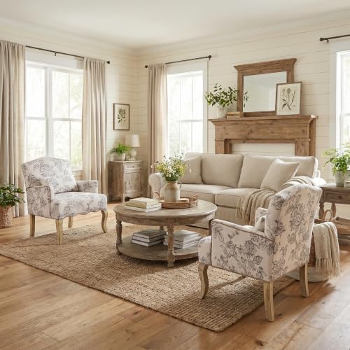 Shunzhi Floral Accent Chairs Set of 2 Farmhouse Upholstered Armchair Linen Re...