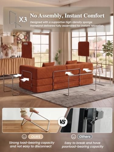 79.5" 5-in-1 Convertible Futon Sofa Bed, Boneless Corduroy, Orange