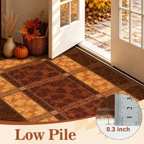 Fall Area Rug 3x5 for Entryway, Plaid Washable Rugs Orange