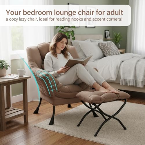 Lazy Chair with Ottoman, Comfy Chair with Pillow,Pure Khaki