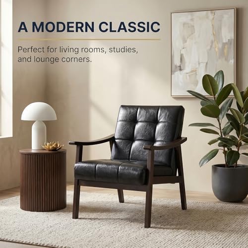 Mid Century Modern Faux Leather Accent Chair, Lounge Chair Indoor Comfy Uphol...