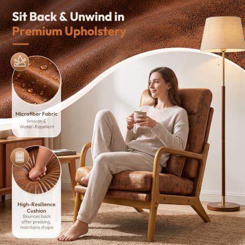Bonnlo High Back Microfiber Rustic Accent Chairs Set of 2, Upholstered Mid Ce...