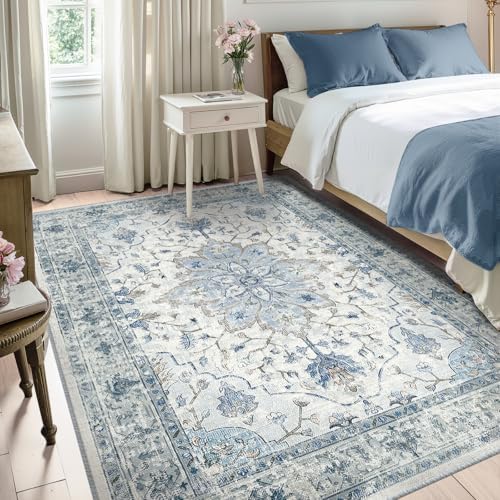RELEANY Washable Area Rug, 5'x7', Blue/White/Gray