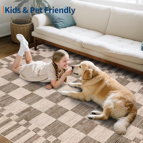 GarveeHome Brown Checkered Rug 5x7 Area Rugs Washable Living Room 5x7 Rug