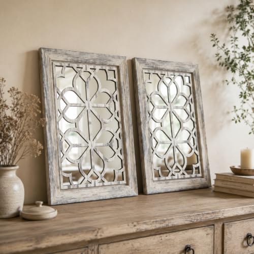 Set of 2 11x15 Inch Rectangular Shatterproof Grey Decorative Wall Mirrors, Bo...