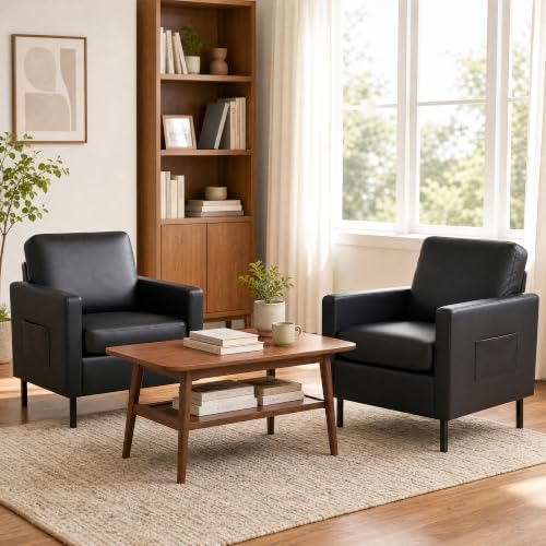 Mid Century Black Leather Mordern Accent Chairs Set of 2 for Living Room