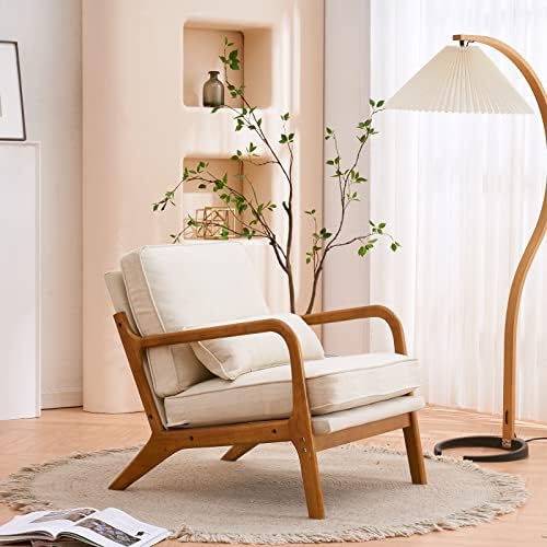 Bonnlo Fine Linen Beige Mid Century Modern Accent Chair, Soild Wood Padding L...