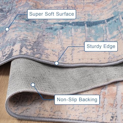 Kelarea Washable Area Rug 5x7, Non-Slip Low Pile Abstract Beige Blue