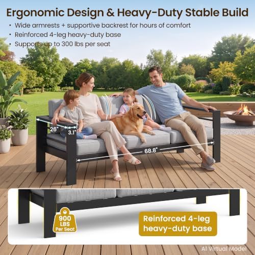 Kiss the Water 3 Seats Aluminum Outdoor Patio Sofa Set, All Weather Rust-Proo...