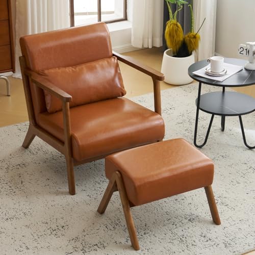 MOJAY Modern Accent Chair with Ottoman, PU Leather Upholstered Armchair Livin...