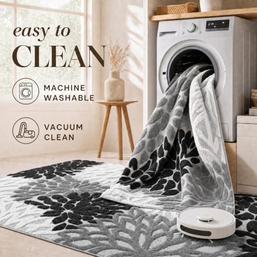Arenarug 5x7 Area Rugs High-Low Plush Pile Washable Rug, Grey White Black