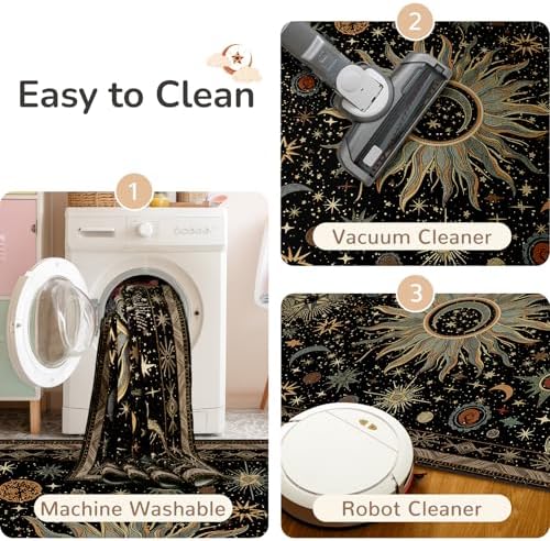 Vacuum-Friendly, 5x7 Washable Area Rug, Black Green Blue