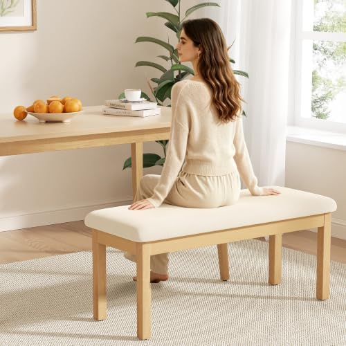 Upholstered Dining Bench Seat, Linen Entryway Benches with Wood Legs, Mid Cen...