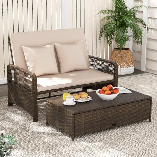 Tangkula Patio Rattan Daybed with 4-Level Adjustable Backrest, 2-Person Outdo...