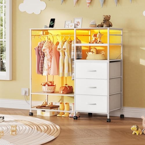 WLIVE LED Dresser for Bedroom, 3 Drawers with Hanging Rack, White