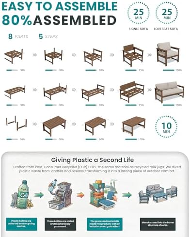 SERWALL 2 Pieces HDPE Cushioned Single Adirondack Armchair Sofa Set