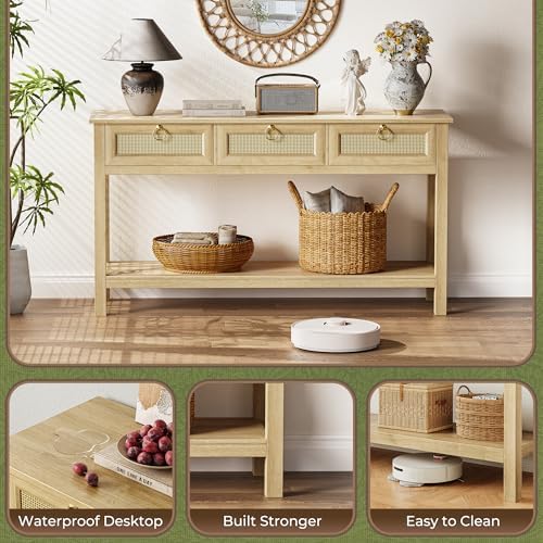 SUPERJARE Rattan Console Sofa Table with Outlets and USB-C Port, 3 Drawer Ent...