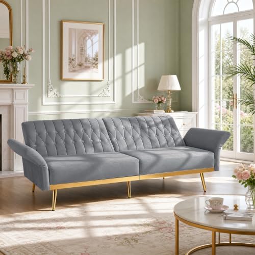 70” Velvet Futon Sofa Bed w/Adjustable Armrests, Grey