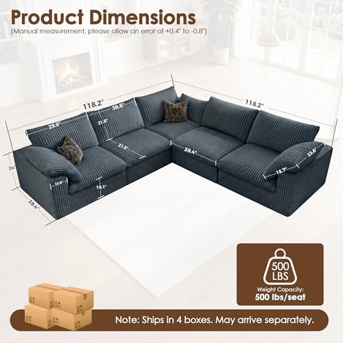 118" Cloud Couch Oversized Modular Sectional Sofa, Boneless L-Shaped 5 S...