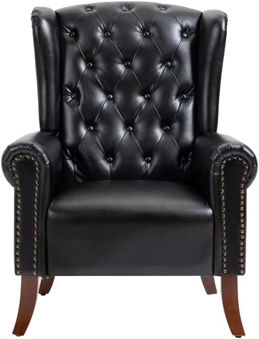 Faux Leather Accent Chair, Mid-Century High Back Armchair Upholstered Club So...