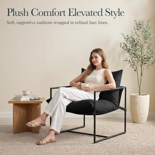 Modern Accent Chair, Upholstered Reading Sling Chair with Metal Frame and Sof...