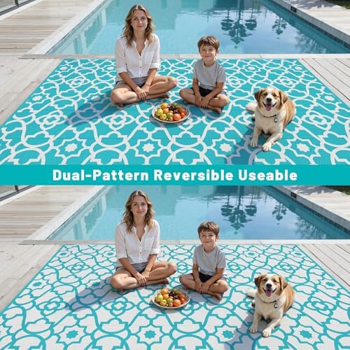 HEBE Waterproof Outdoor Rug 9'x12', Geometric Reversible Plastic Pati...