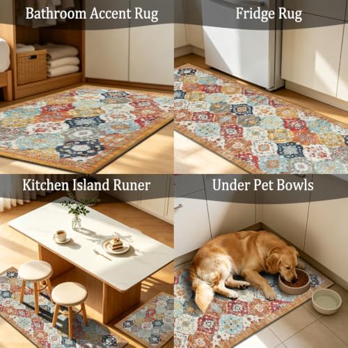 3-Piece Colorful Boho Rug Set - Washable Moroccan Ogee Area Rugs, Non-Slip Lo...