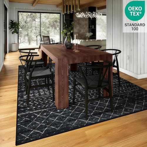 Washable 5x7 Area Rug, Modern Boho Black Non-Slip for Living Room, Bedroom