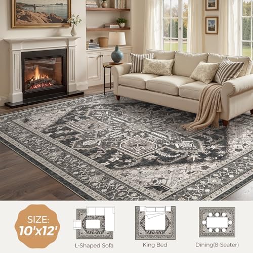 WITSHOCK 10x12 Washable Area Rug Vintage Rugs for Living Room Black