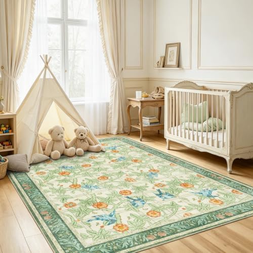 5x7 Area Rug for Living Room, Green Floral Boho Washable Rugs for Bedroom