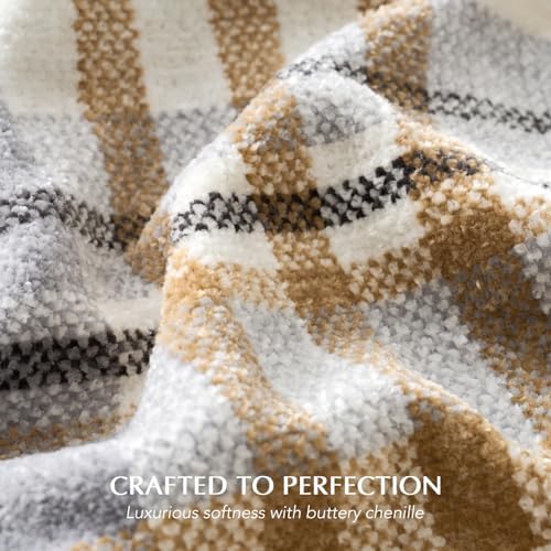 EverGrace Plaid Chenille Knit Throw Blanket, 50"x60", Grey & Beige