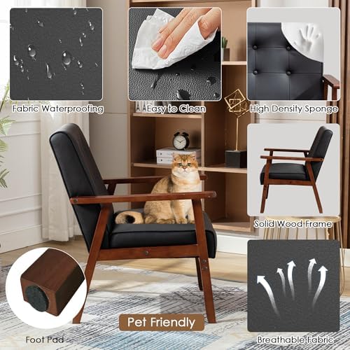 STHOUYN Black Leather Accent Chair, Waiting Chair with Wooden Arms