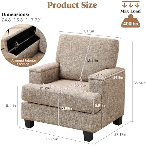 Accent Chairs with Armrest Storage, Modern Reading Chairs, Upholstered Comfy ...