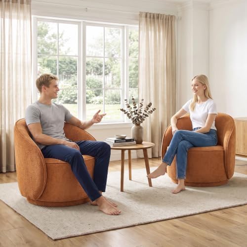 32" W Swivel Barrel Chair Set of 2, 360° Comfy Chenille Curry