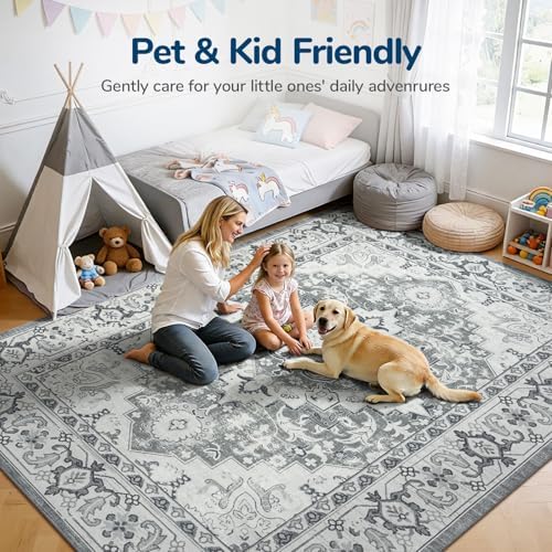 Lessymo Area Rugs 7x10 for Living Room, Washable Rugs Non-Slip, Grey White