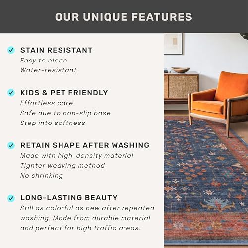 Washable Navy Blue Living Room Rug, 8x10 Area Rug For Bedroom, Dining Room Ru...