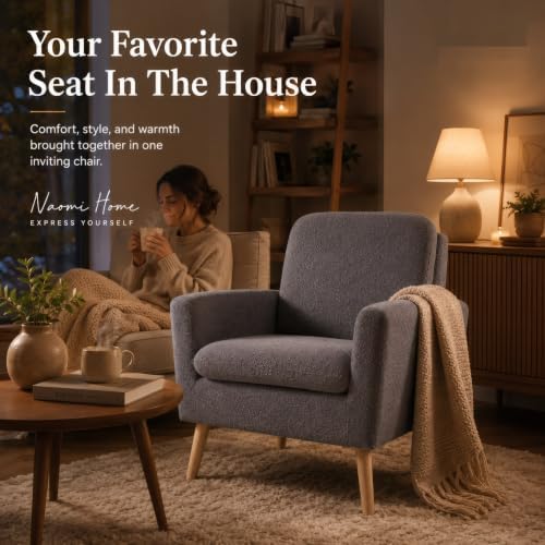 Naomi Home Frida Teddy Fleece Accent Chair, Mid-Century Modern Inspired Armch...