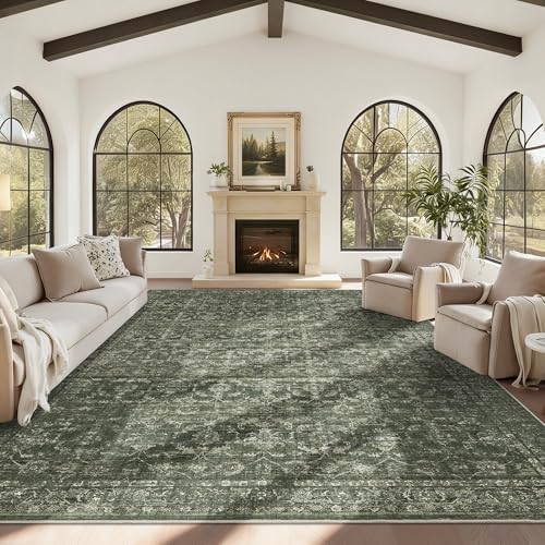 10x14 Washable Living Room Area Rug Soft Boho Dark Green Large Carpet